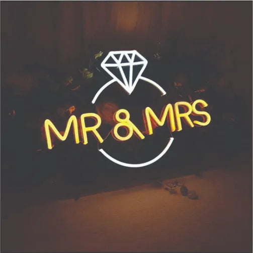 Mr & Mrs With Cute Crystal Ring Wedding Neon Sign