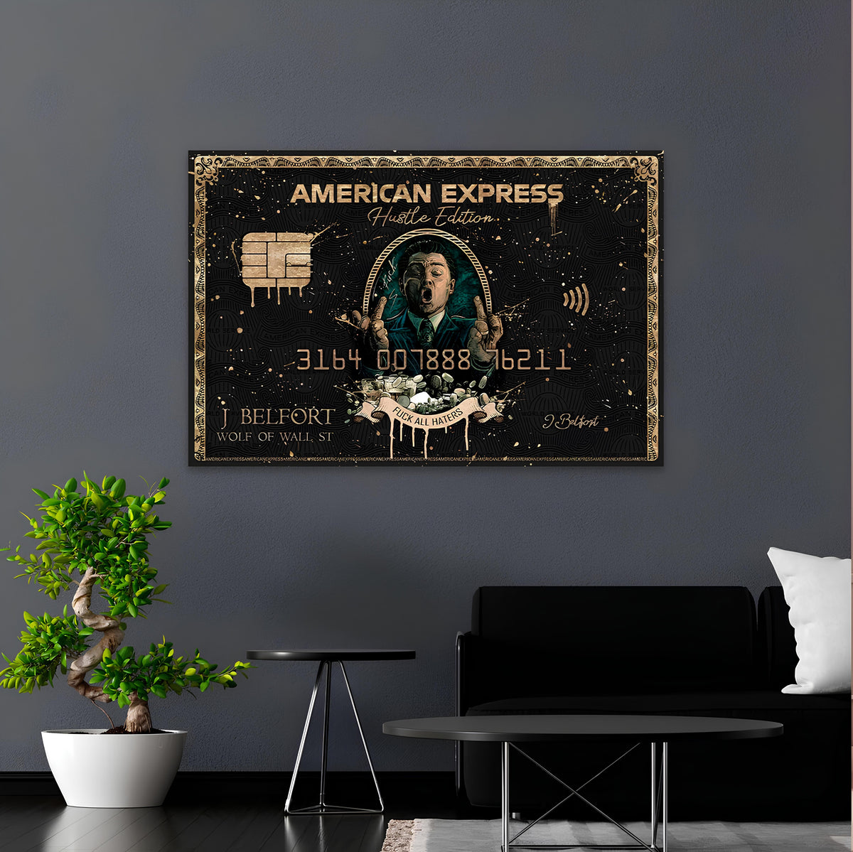 The Wolf of Wall Street Art - Hustle Edition Black Poster Inspired by J. Belfort & American Express | Wall Art - 3D Canvas - Frames