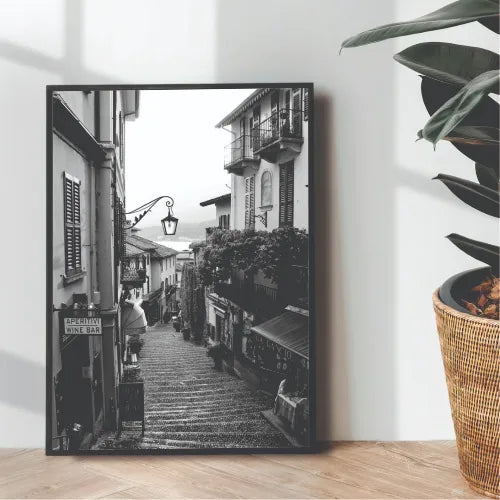 Breathtaking Streets of Bellagio Black & White Portrait Poster | Wall art | 3D Canvas | Wooden Frames