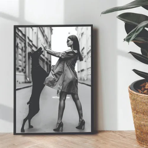 Dior Dog x Girl Aesthetic B&W Portrait | Wall art | 3D Canvas | Wooden Frames