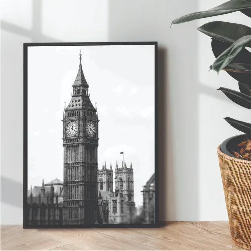 London Clock Tower B&W Aesthetic Portrait | Wall art | 3D Canvas | Wooden Frames