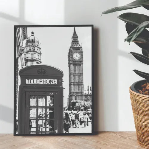 London Phone Box Aesthetic B&W Portrait | Wall art | 3D Canvas | Wooden Frames