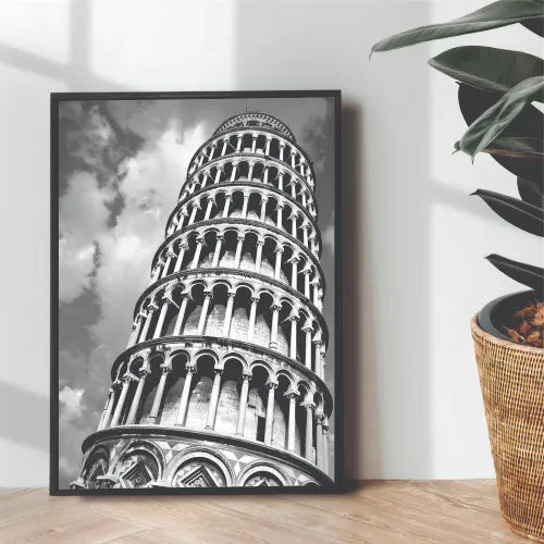 Pisa tower B&W Aesthetic Portrait | Wall art | 3D Canvas | Wooden Frames