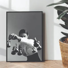 Playing Chess Aesthetic B&W Portrait | Wall art | 3D Canvas | Wooden Frames