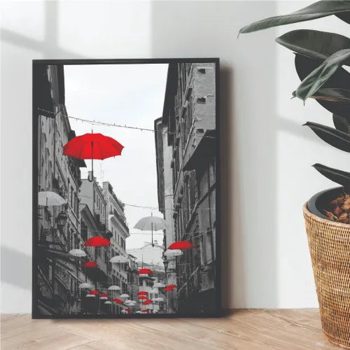 Red Umbrella x B&W Street Aesthetic Portrait | Wall art | 3D Canvas | Wooden Frames