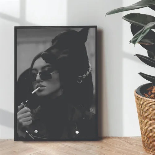 Thug Girl x Dog Aesthetic B&W Portrait | Wall art | 3D Canvas | Wooden Frames