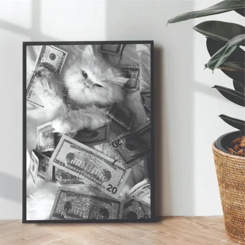 Persian Cat x Money B&W Aesthetic Portrait | Wall art | 3D Canvas | Wooden Frames