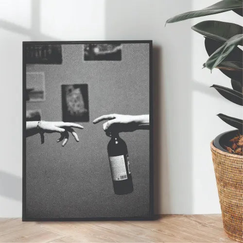 Reaching Hands With Wine B&W Aesthetic Portrait | Wall art | 3D Canvas | Wooden Frames